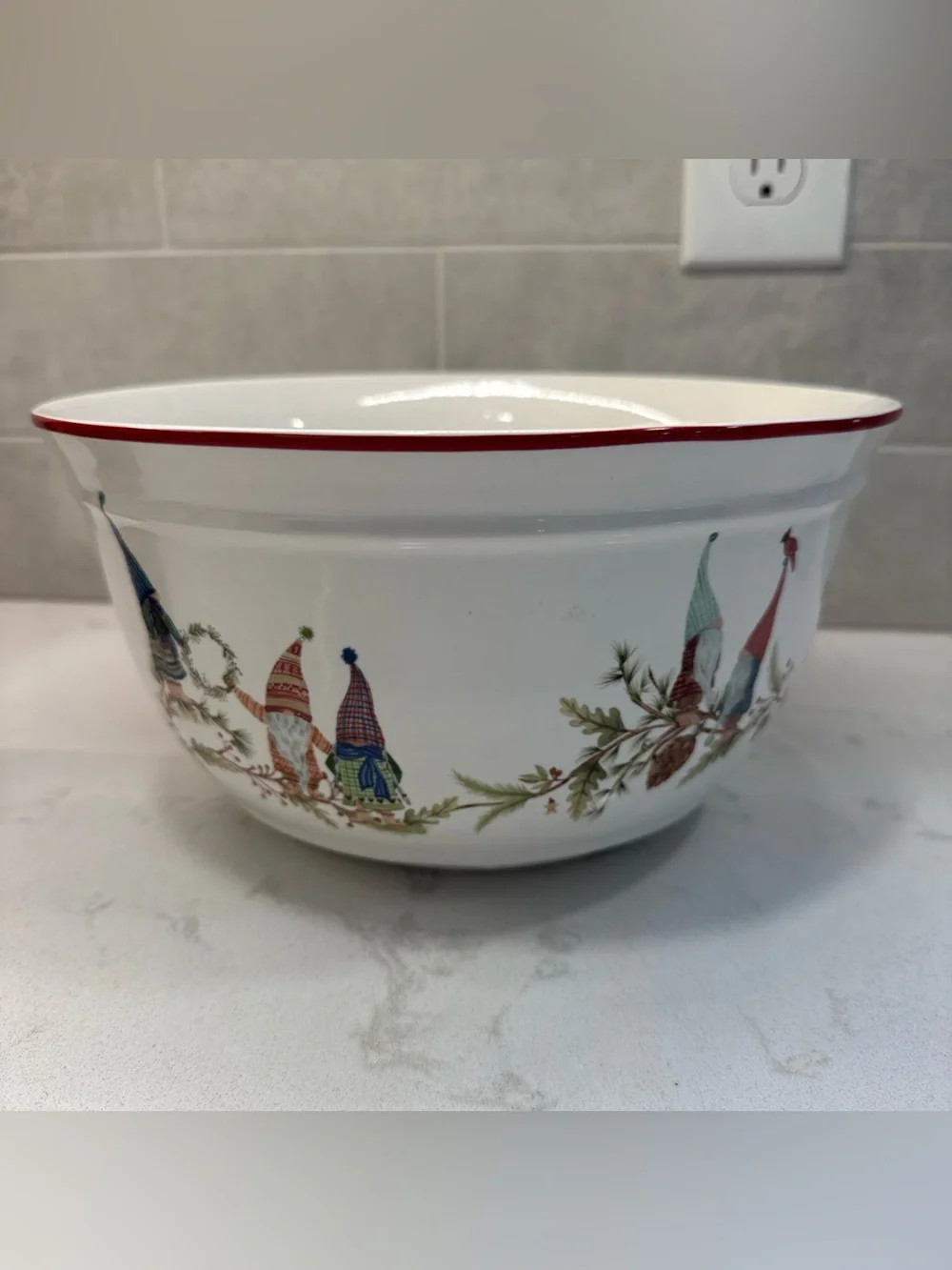Pottery barn Festive Holiday Forest Gnome large Mixing Bowl with Red Rim